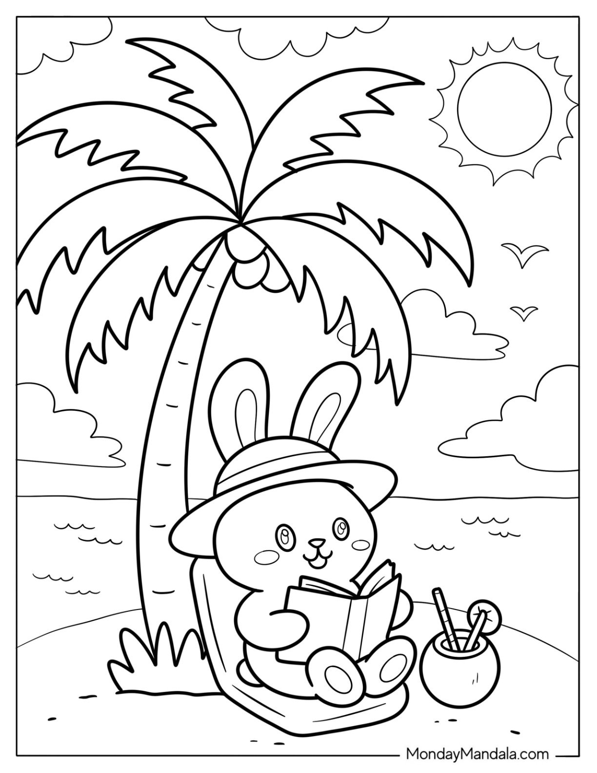 Adorable Summer Coloring Page Bunny in a Sun Hat Relaxing with a Book by the Sea