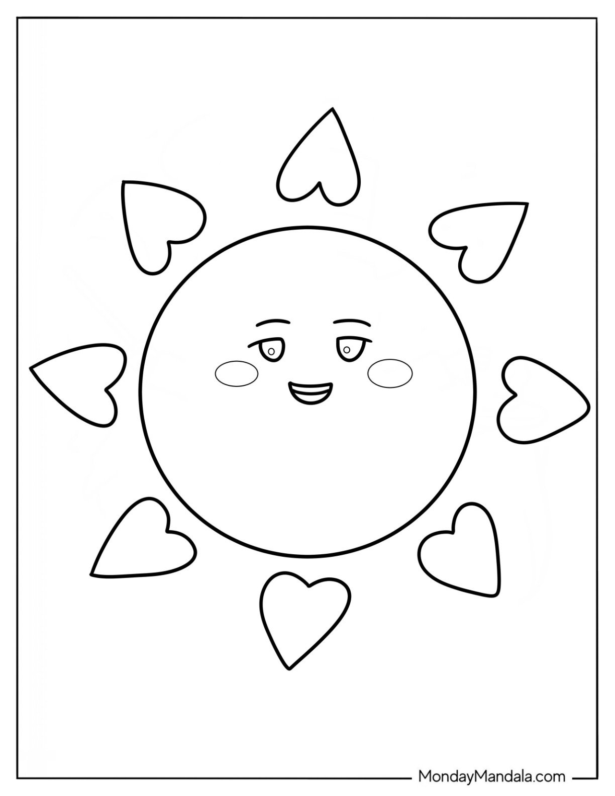 Adorable Summer Coloring Page Of Sun With Love Heart Sunrays For Preschoolers
