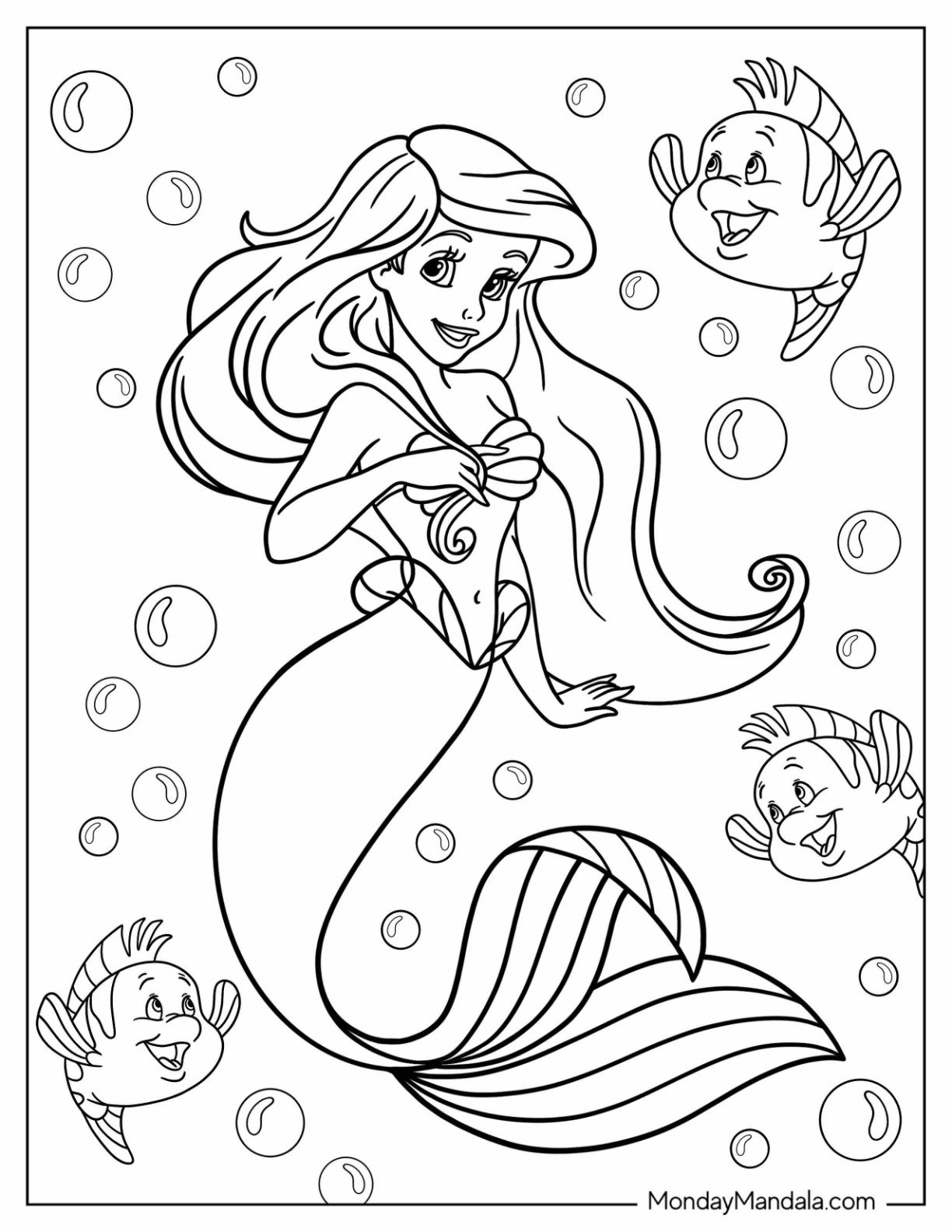 Disney Princess Coloring Page Of Ariel In The Sea With Flounders