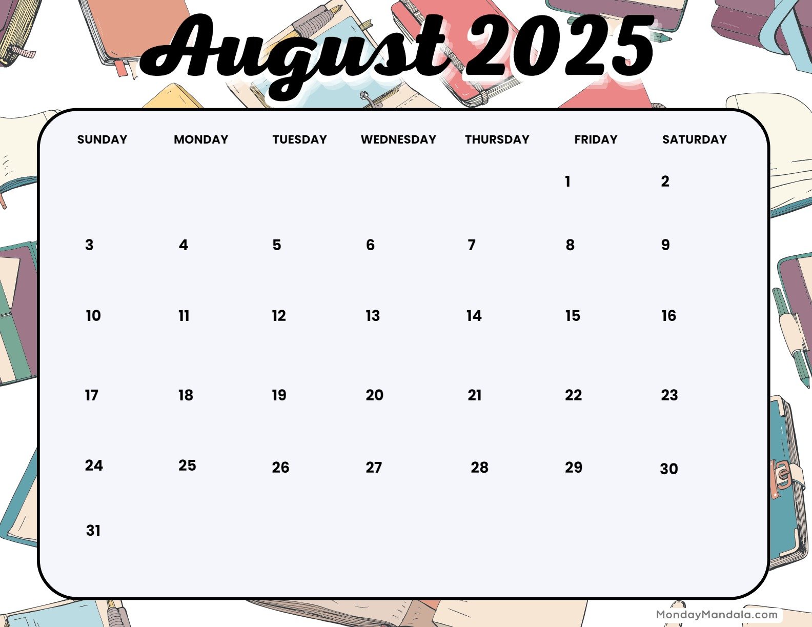 August 2025 Calendar Printable Books Landscape