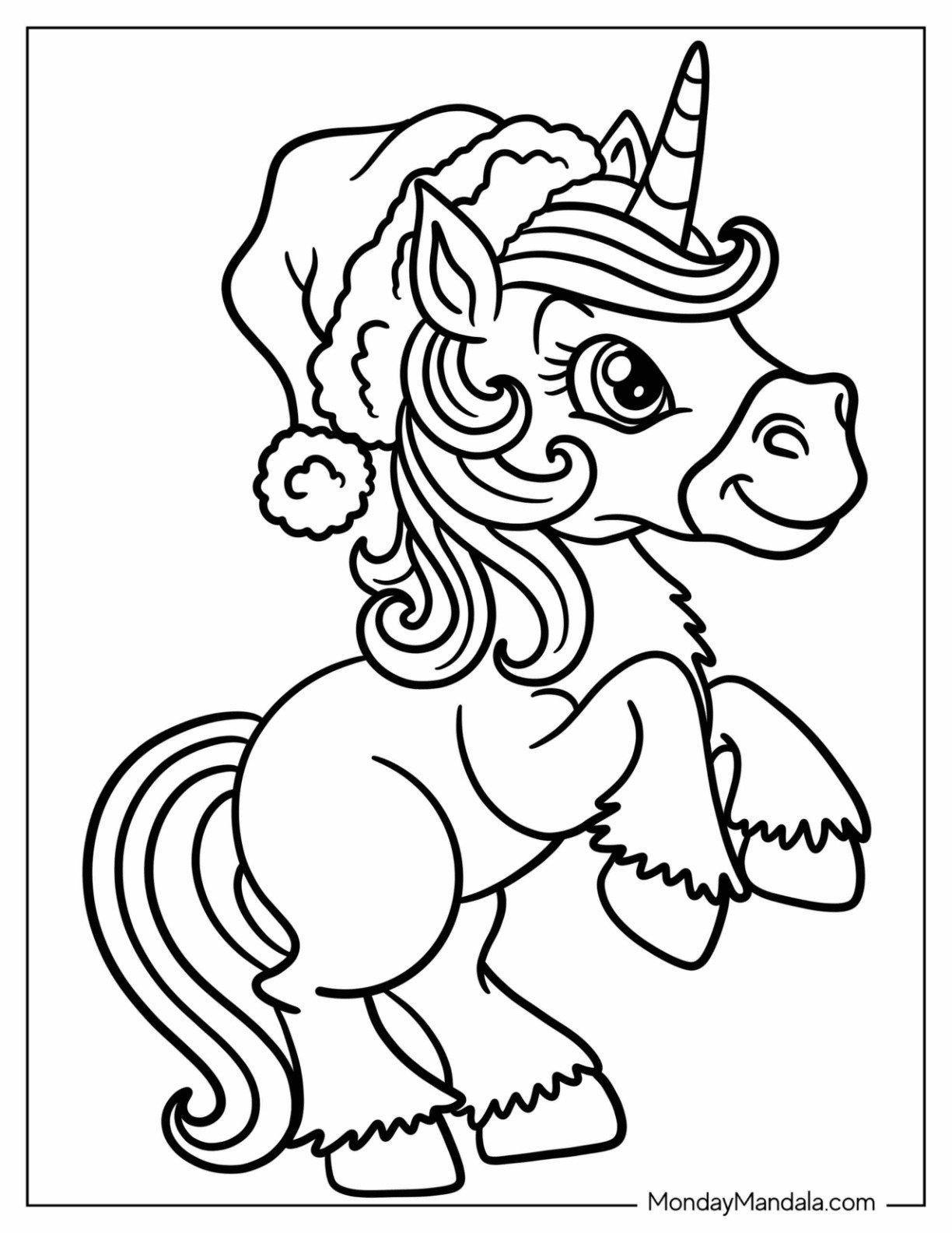 Baby Unicorn Coloring Page With Santa Hat Standing On Hind Legs For Preschoolers