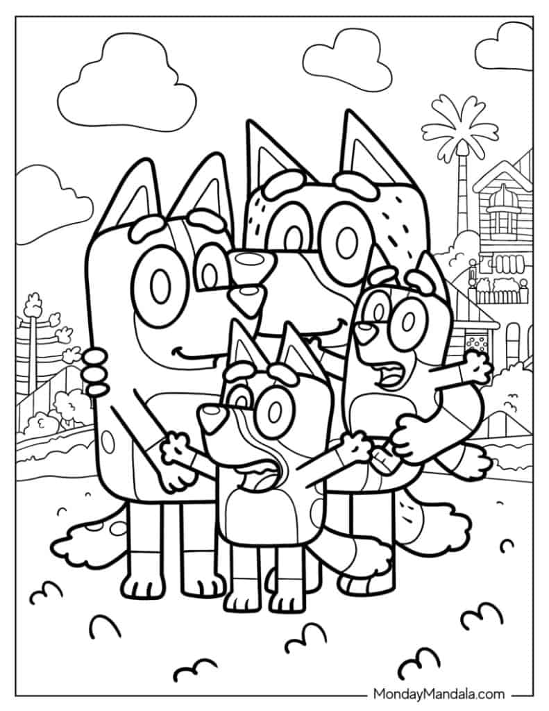 Bandit, Chilli, Bluey, And Bingo Family Photo Coloring In
