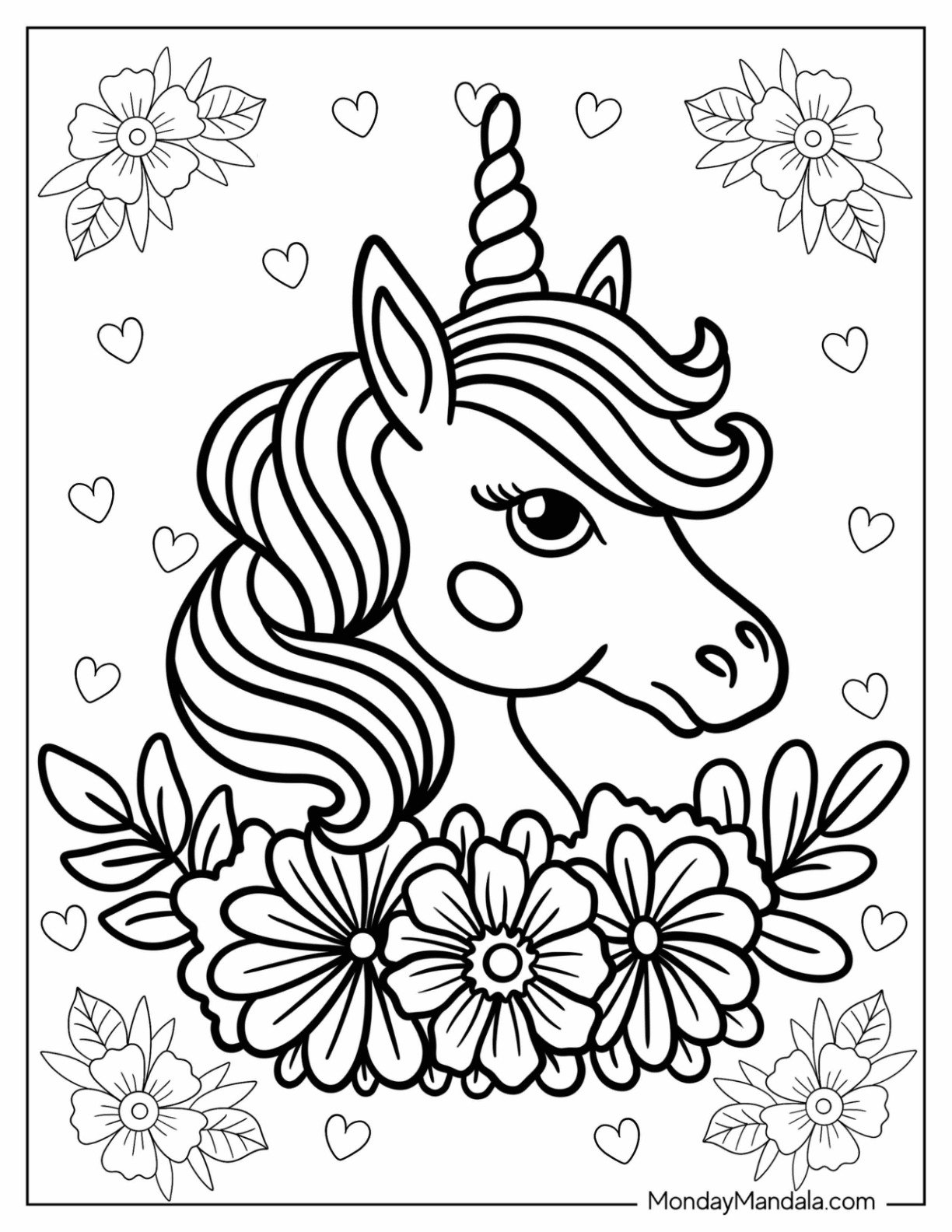 Beautiful Little Unicorn Coloring Page With Flowers For Kids