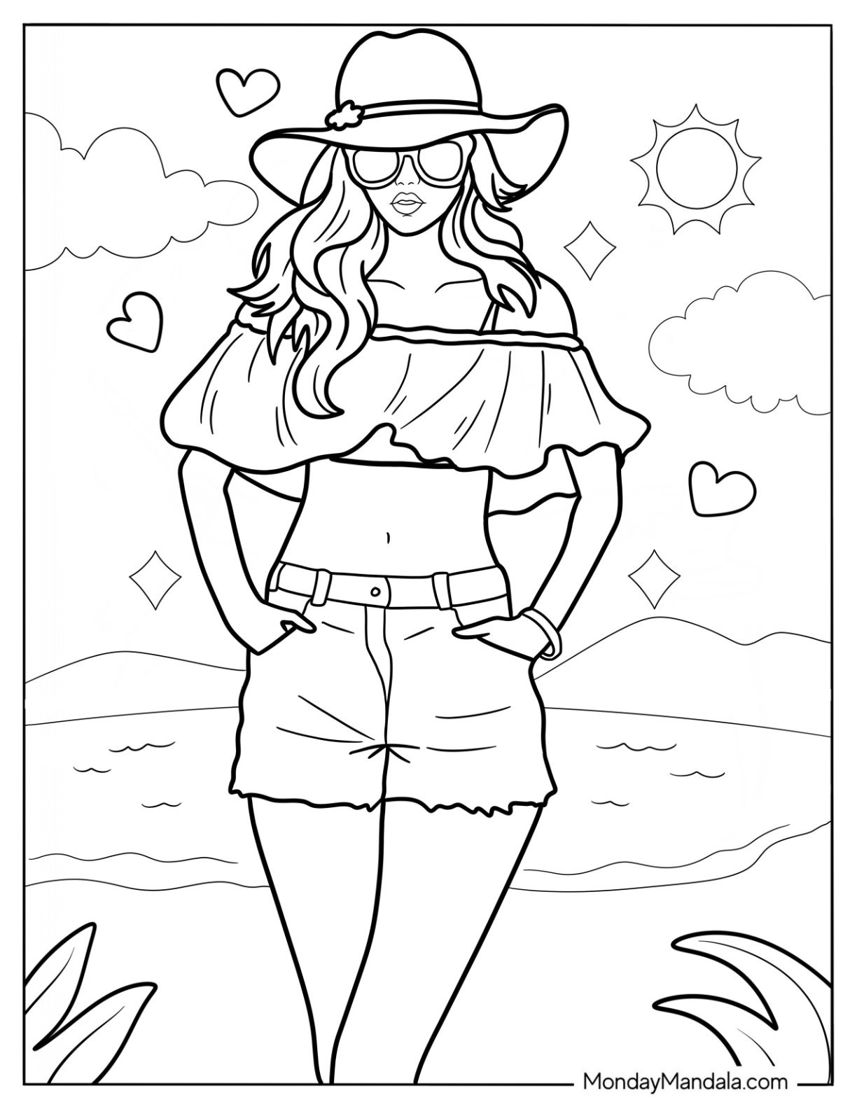 Beautiful Woman In A Summer Coloring Page Outfit At The Beach