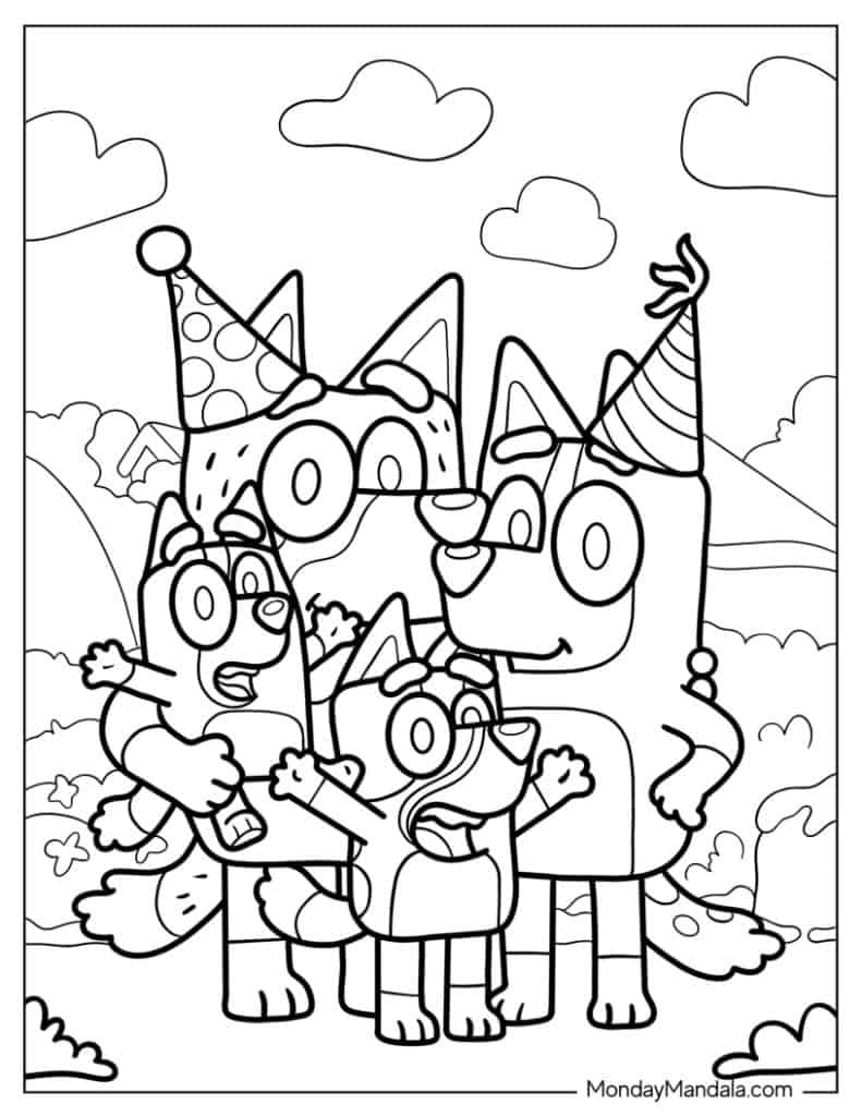 Bluey, Bingo, Bandit, And Chilli With Party Hats Coloring In