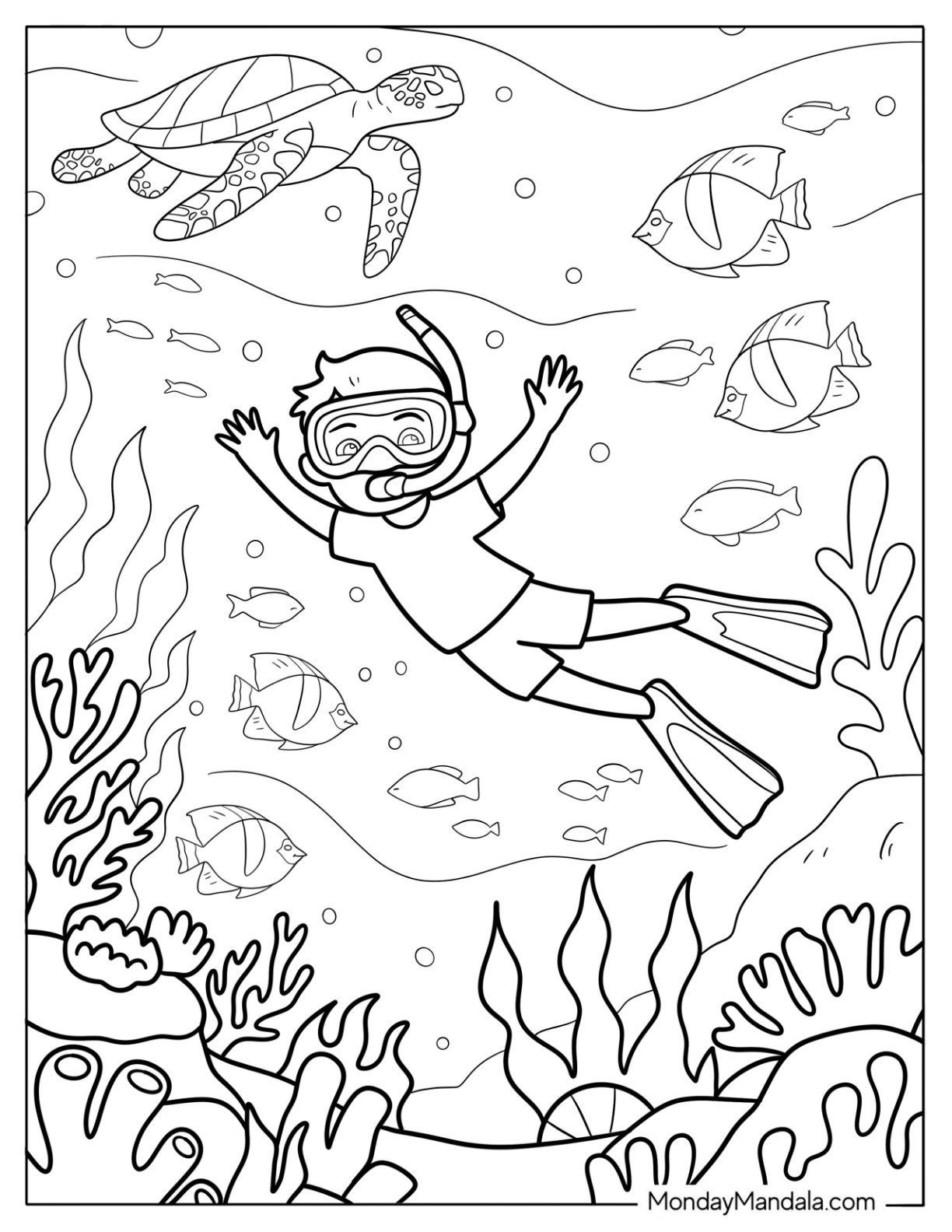 Boy Snorkeling In Coral Reef with Sea Turtle and Tropical Fish in Summer Coloring Page for Kids