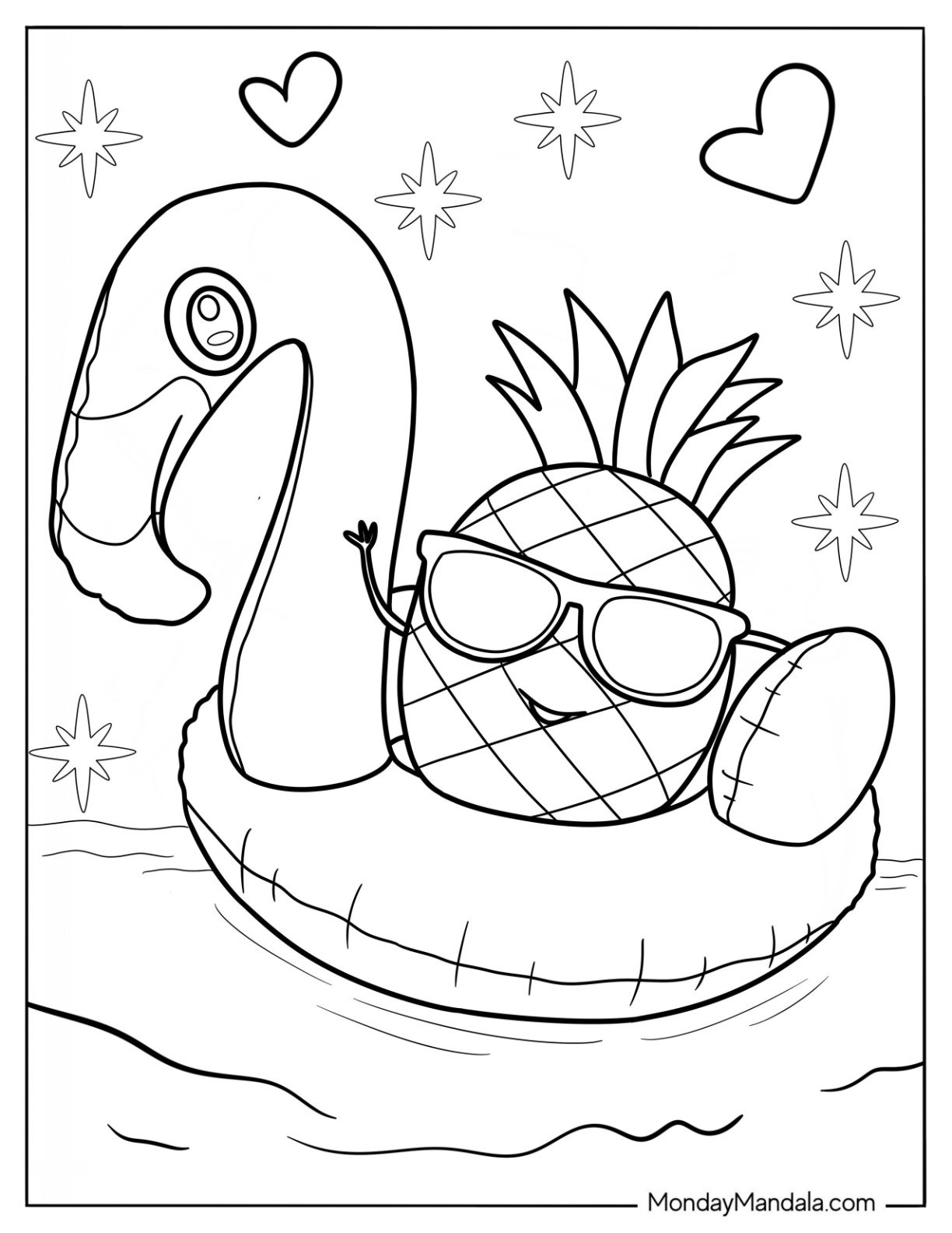 Cartoon Pineapple In A Flamingo Floatie Summer Coloring Page For Kids