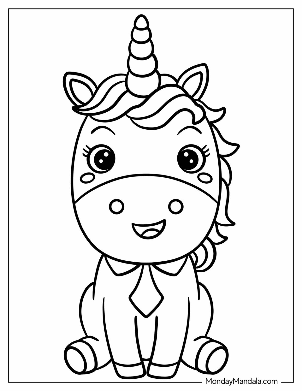 Cartoon Unicorn Coloring Page Wearing A Shirt And Necktie For Kids