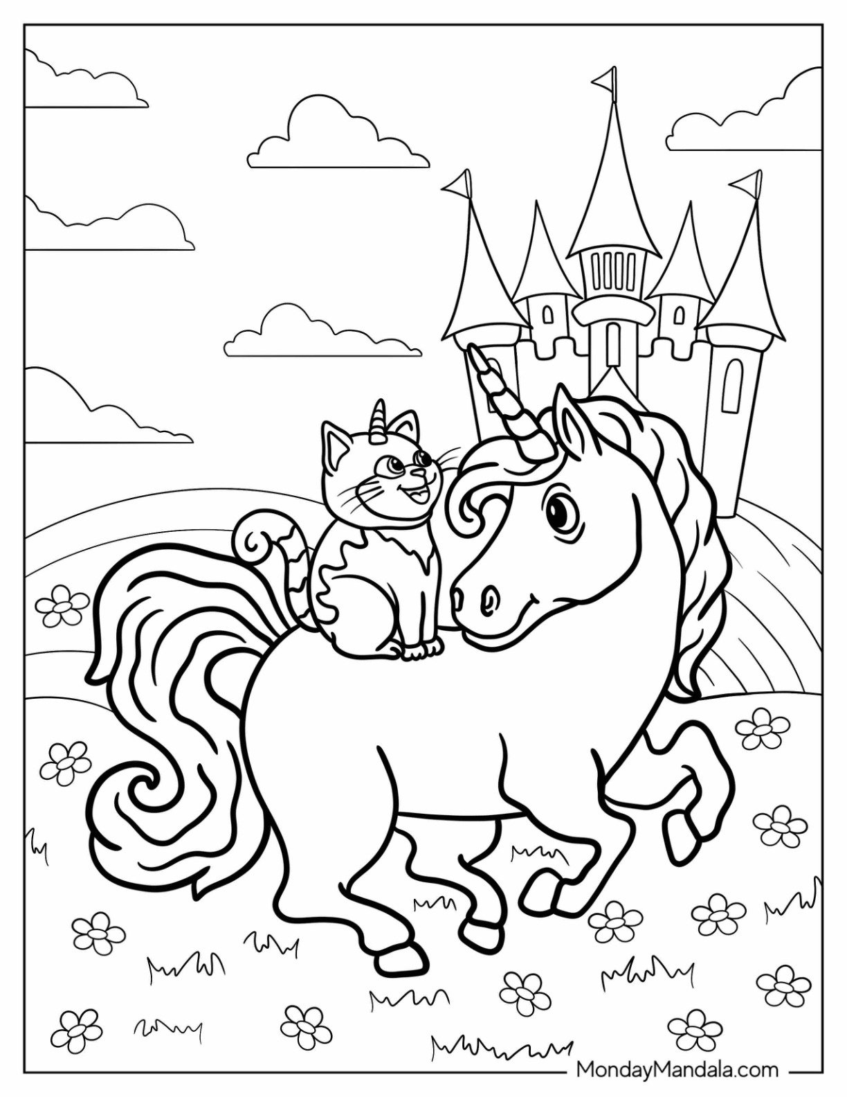 Cat Sitting On The Back Of A Unicorn Coloring Page