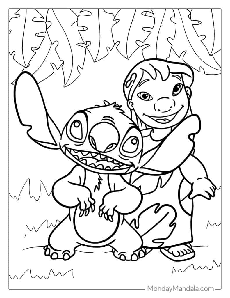 Coloring Page Of Lilo And Stitch With Banana Leaves
