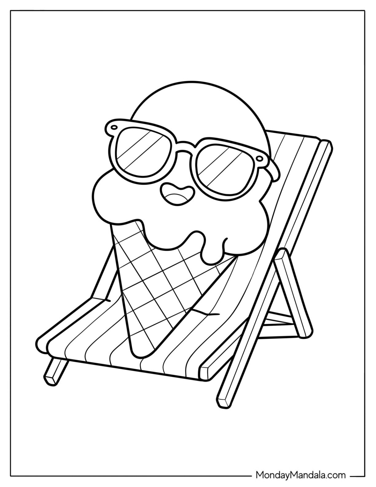 Cool Summer Coloring Page Ice Cream Cone Relaxing on a Beach Chair for Preschoolers