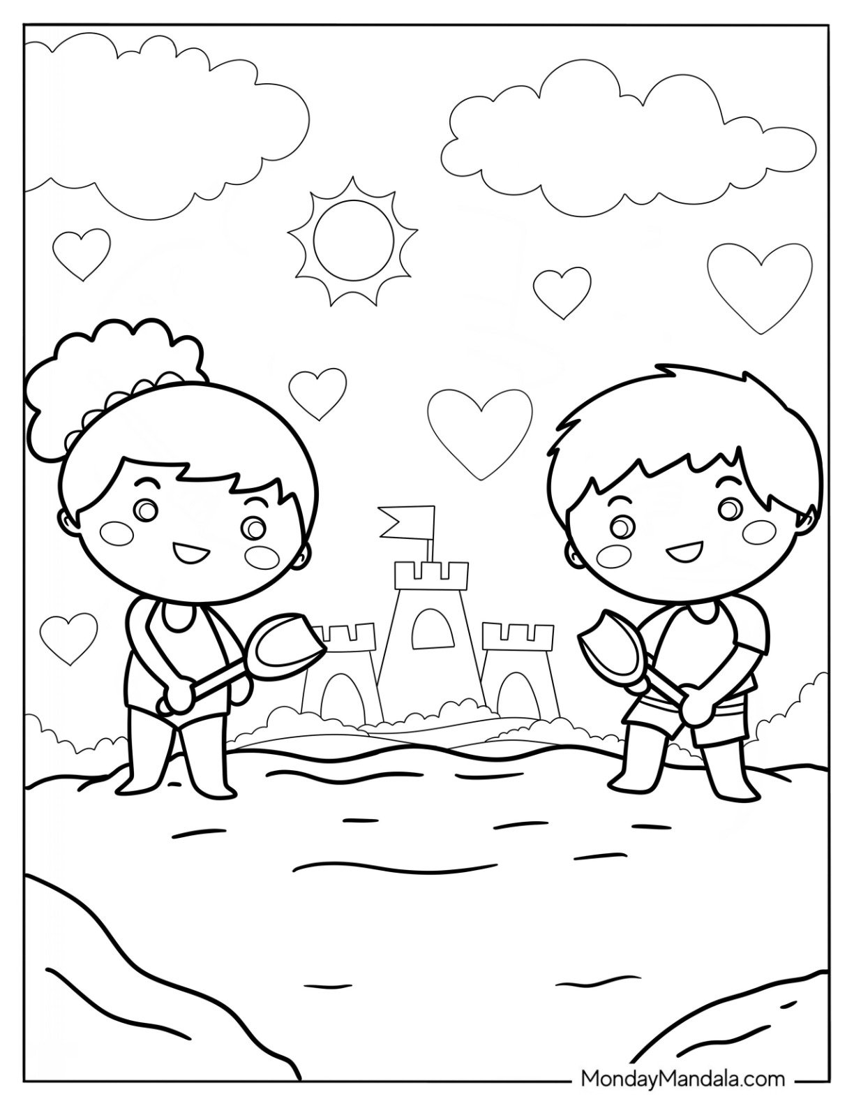 Summer Coloring Page Of Cute Chibi Children Making A Sandcastle For Kids