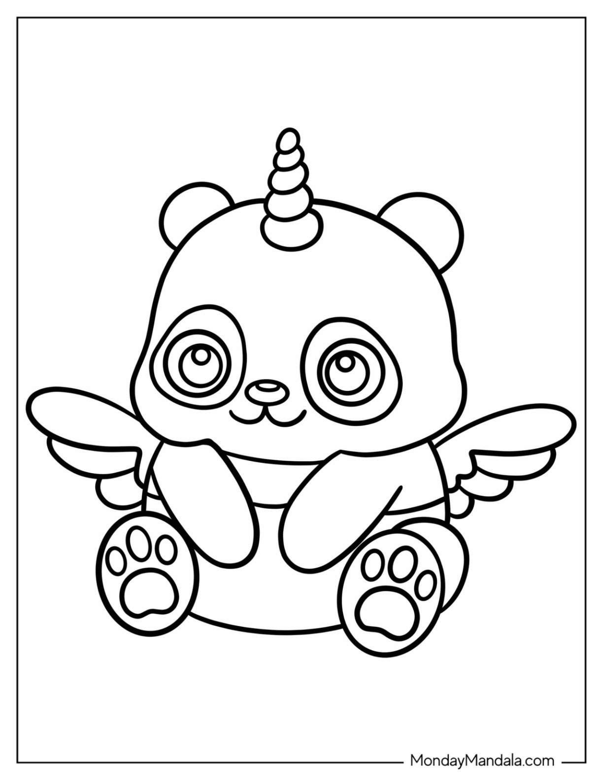 Cute Panda Unicorn Coloring Page With Wings For Preschoolers