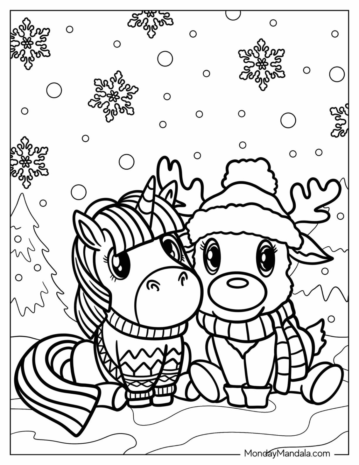 Cute Reindeer And Unicorn Coloring Page Cuddling In The Snow