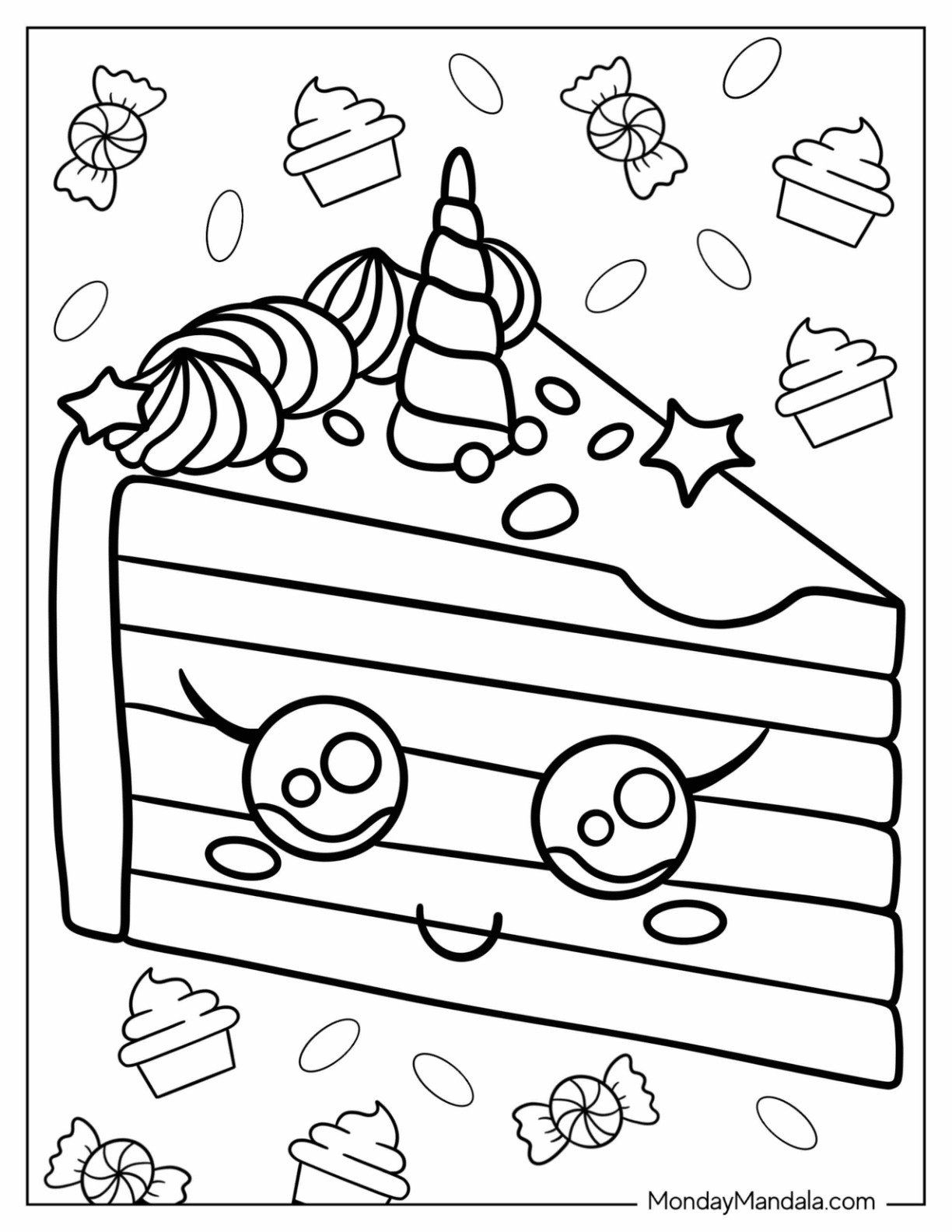 Delicious Unicorn Coloring Page Cake With Cupcakes In The Background