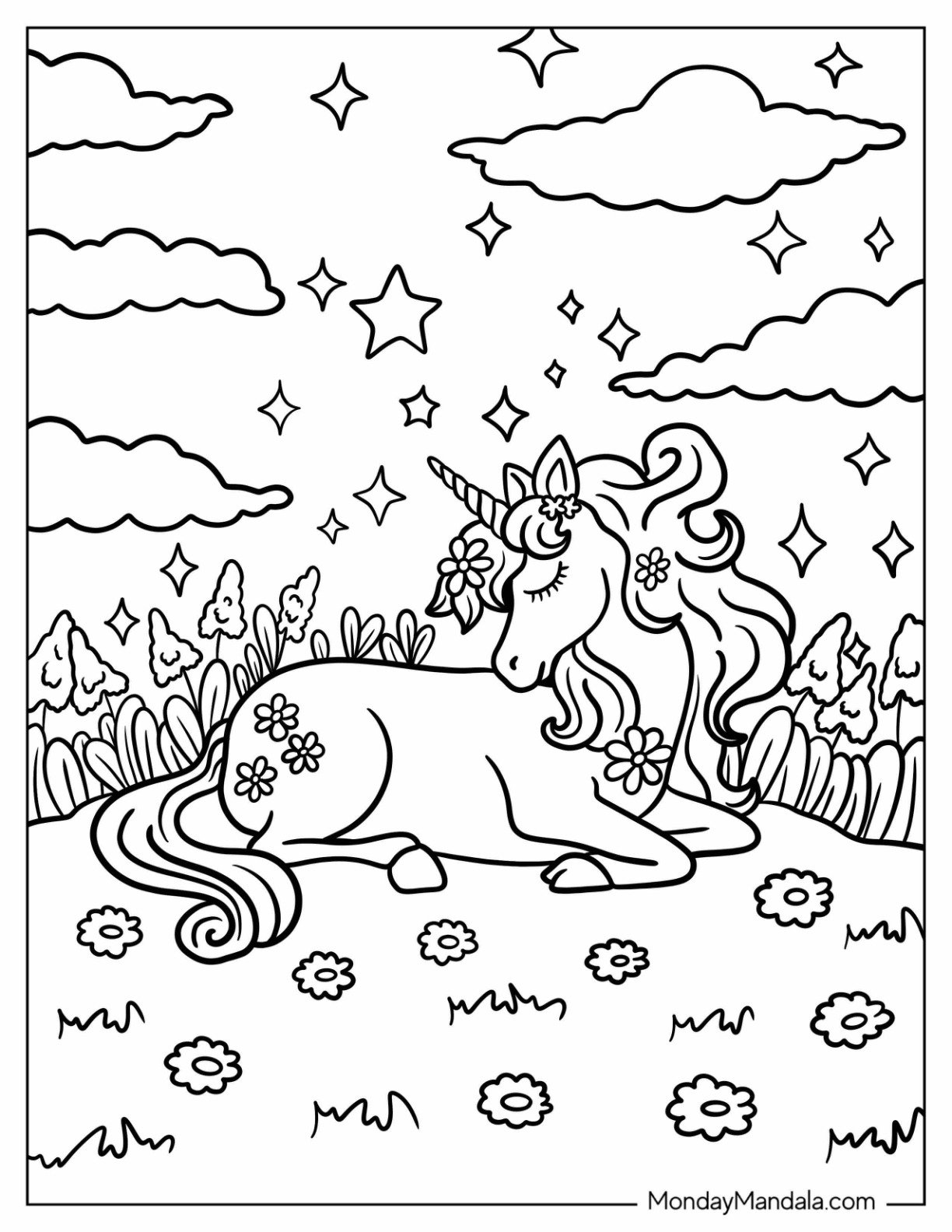 Demure Unicorn Coloring Page Resting On A Flower Field