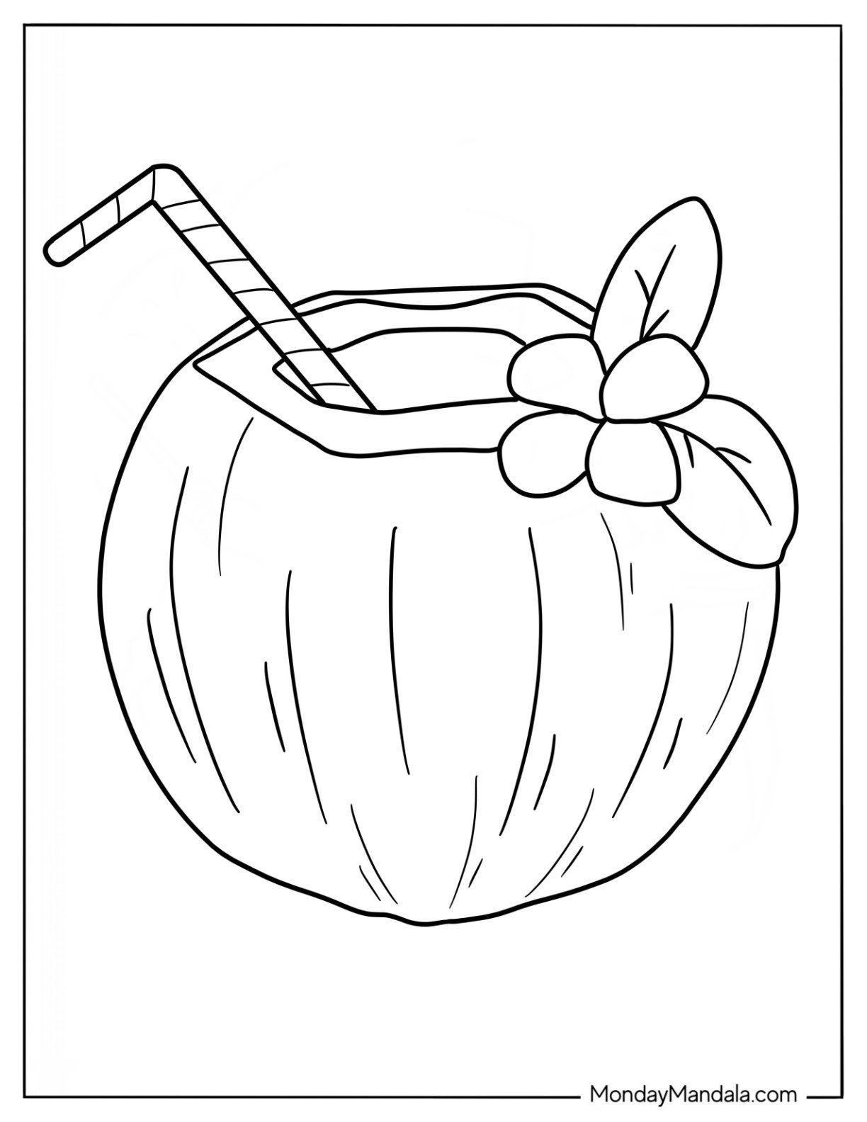Summer Coloring Page Of Easy Coconut Drink With A Flower For Kids