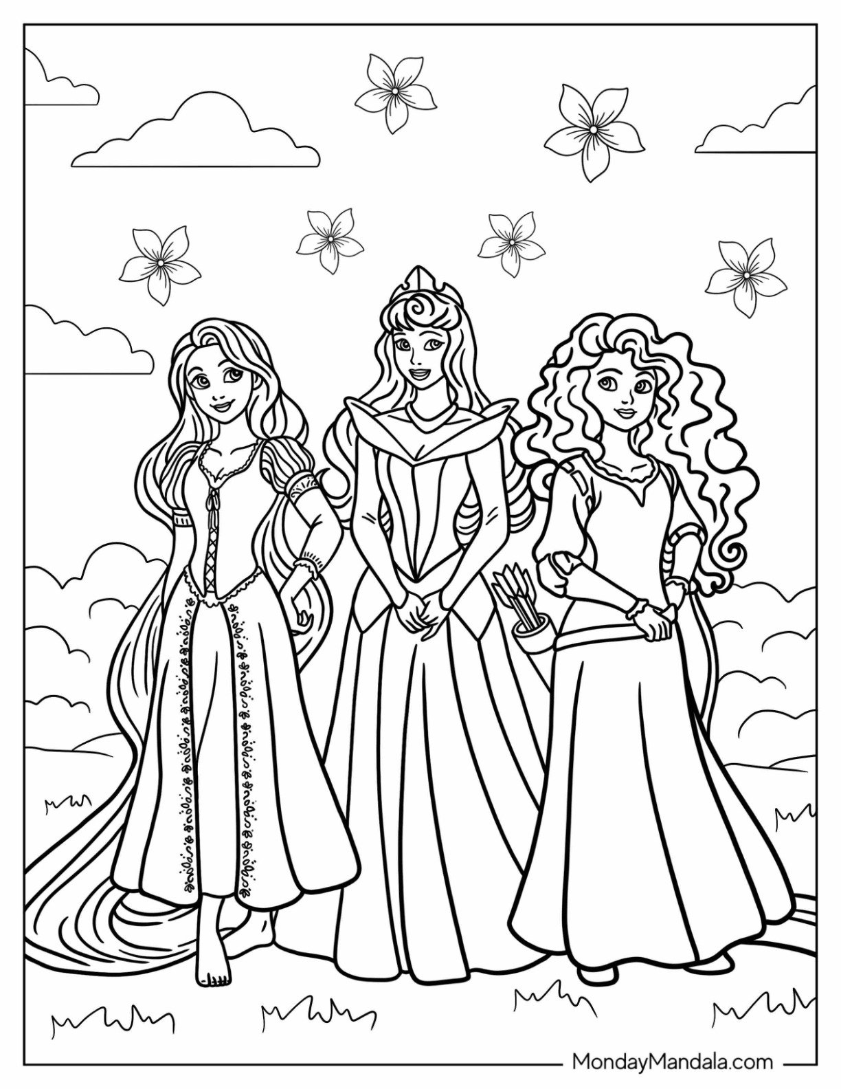Disney Princess Coloring Page Of Rapunzel, Aurora, and Merida