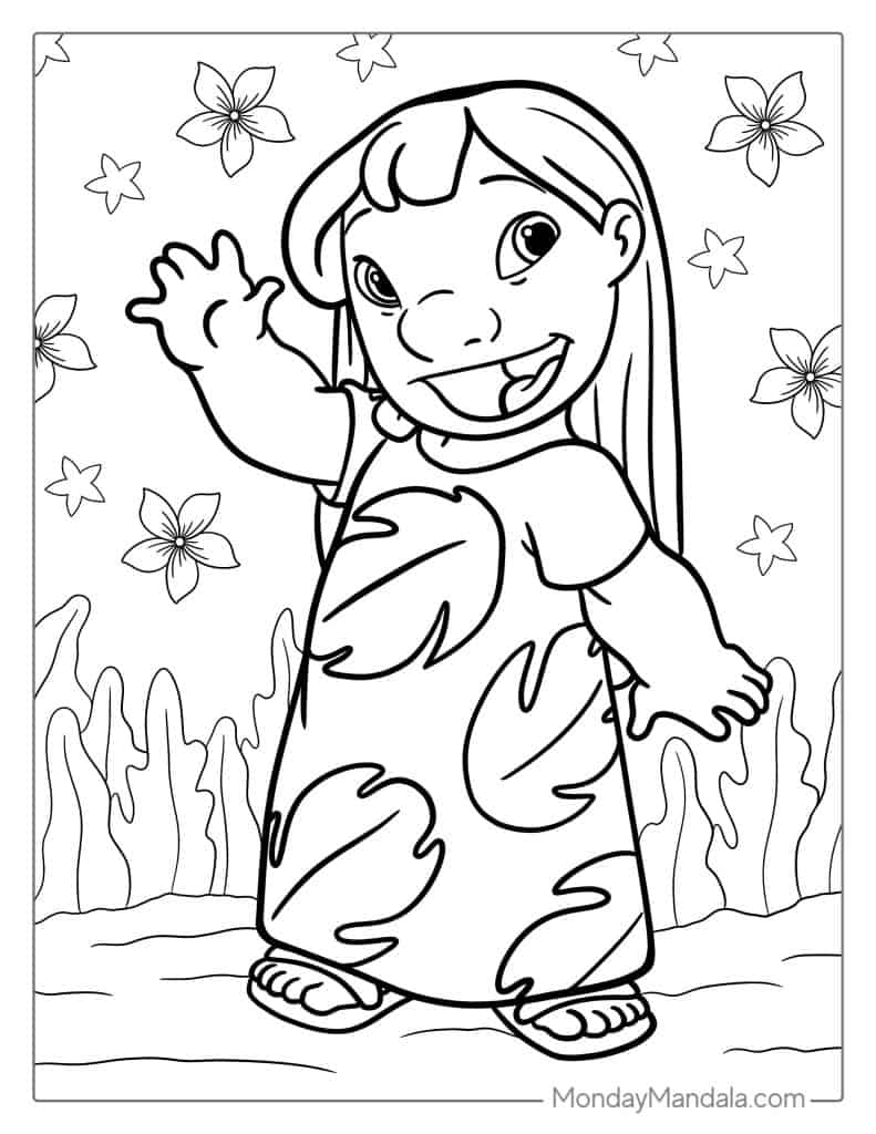 Easy Outline Of Lilo Wearing Red Dress To Color