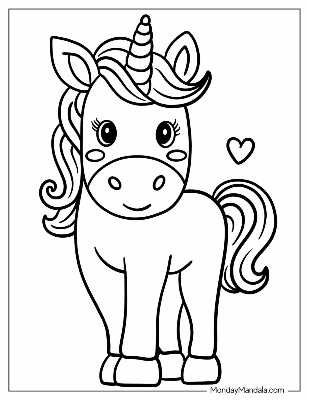 Easy Smiling Unicorn Coloring Page With A Love Heart For Kids