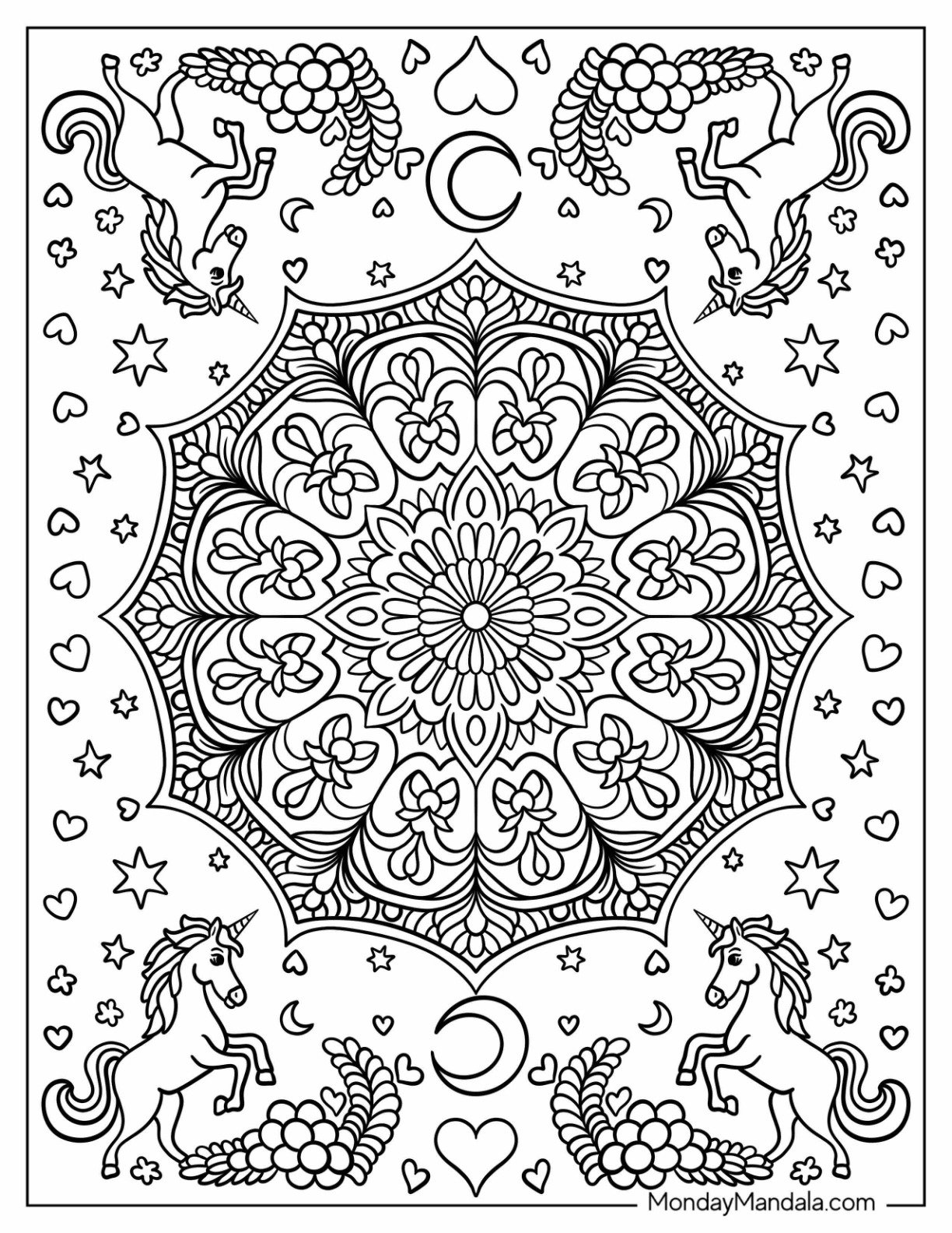 Floral Mandala With Unicorn Coloring Page In The Corners