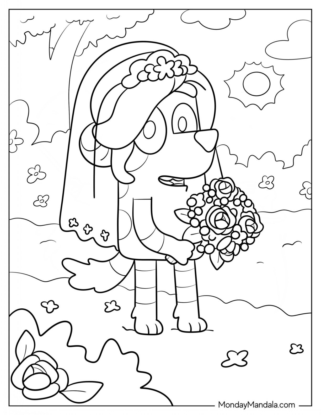 Frisky With A Wedding Veil And Flower Bouquet