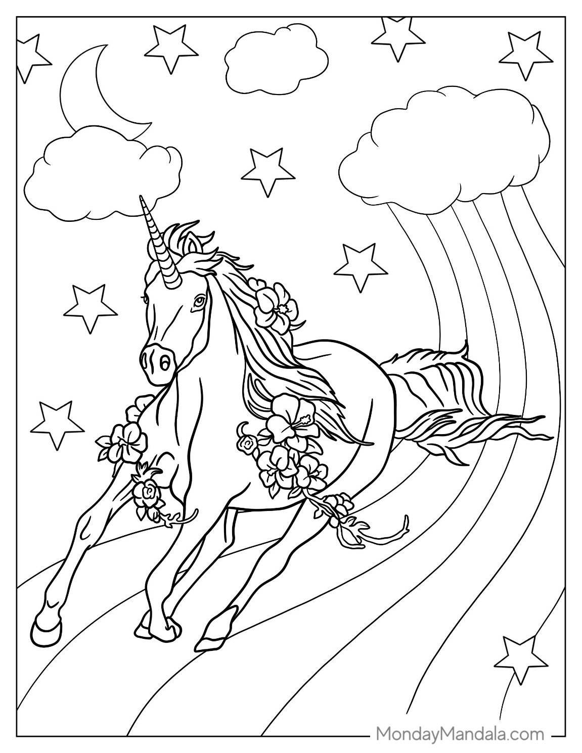 Galloping Unicorn Coloring Page On Rainbow For Adults