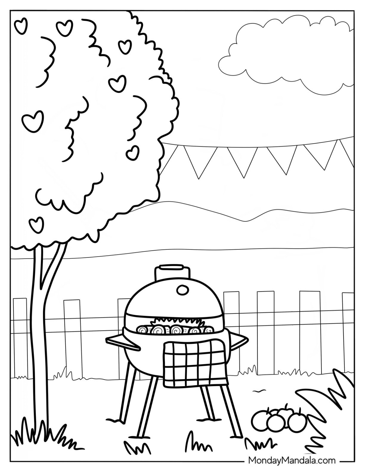 Summer Coloring Page Of Grill In The Backyard With Apples On The Grass