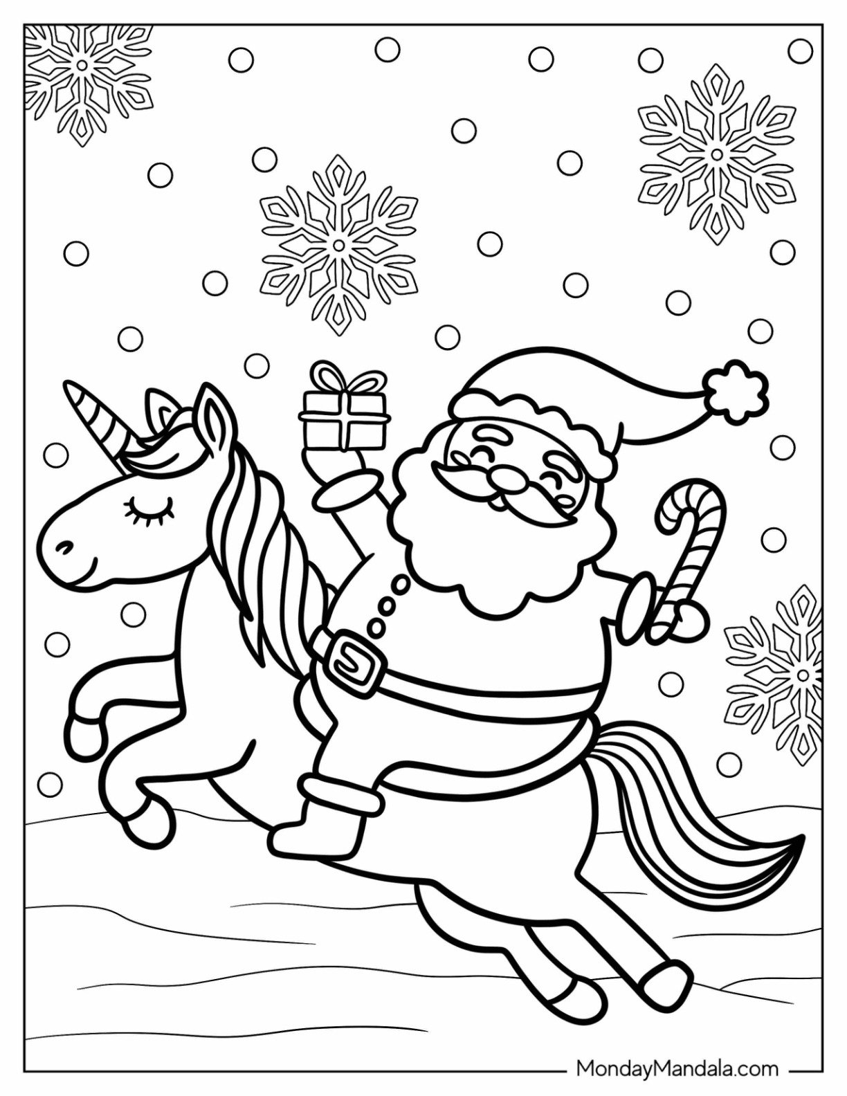 Happy Santa Claus Riding A Unicorn Coloring Page In Winter
