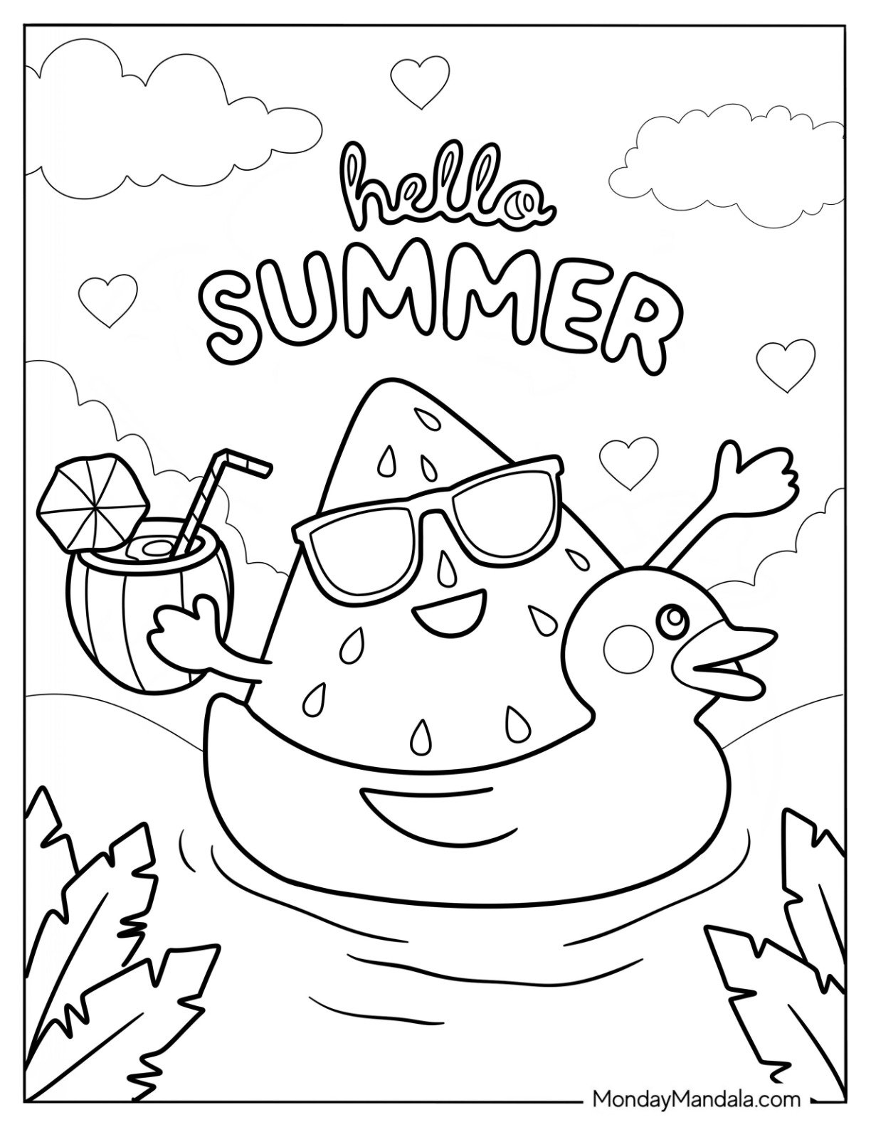 Summer Coloring Page Of Happy Watermelon On A Floatie With A Coconut Drink