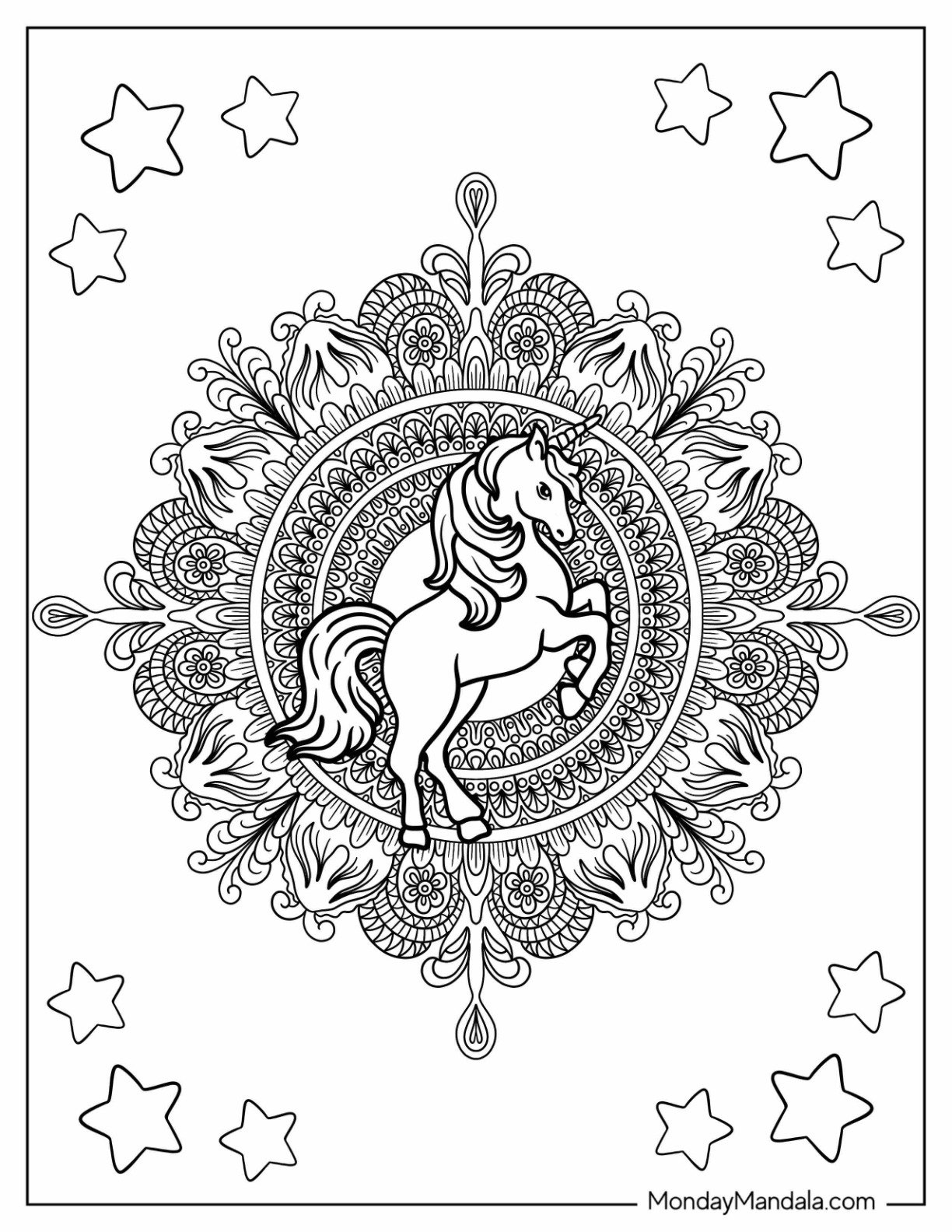 Intricate Flower Mandala With Unicorn Coloring Page At The Center
