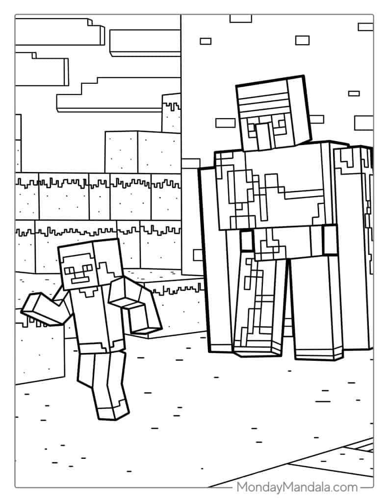 Iron Golem And Minecraft Steve Coloring Page