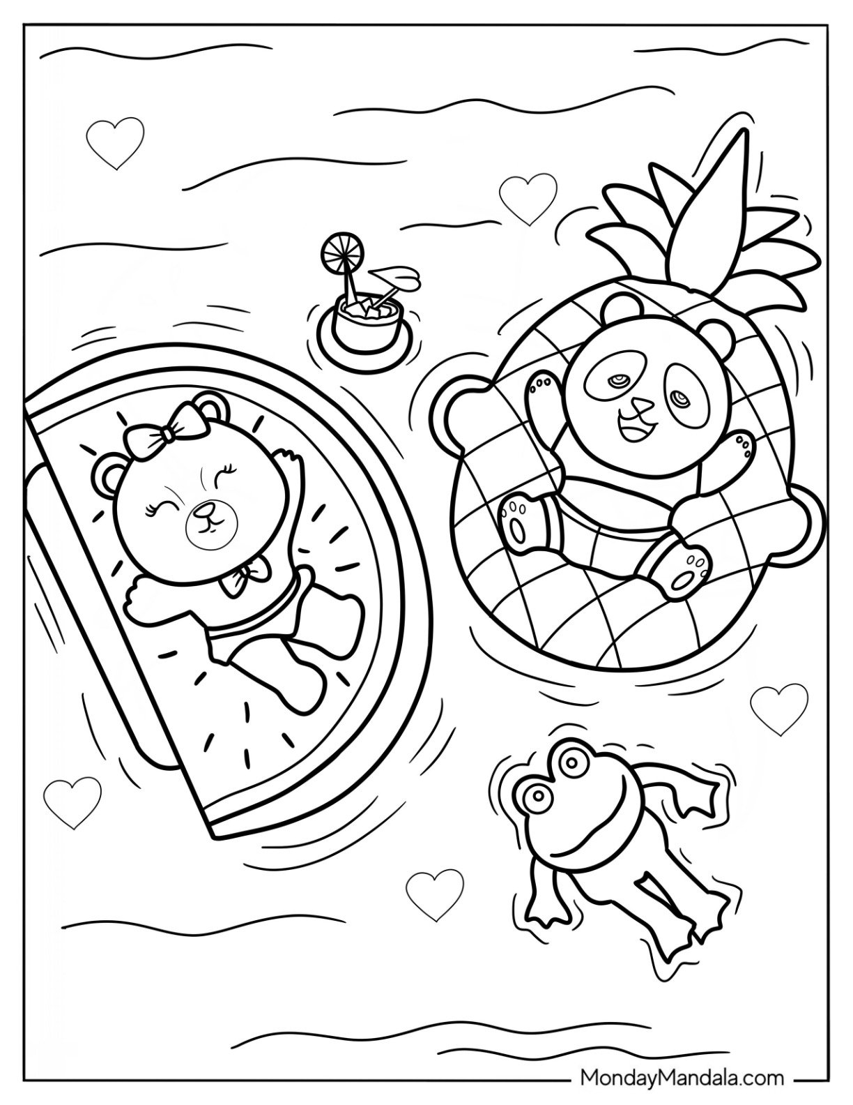 Summer Coloring Page Of Kawaii Bear, Panda, And Frog Floating In The Pool