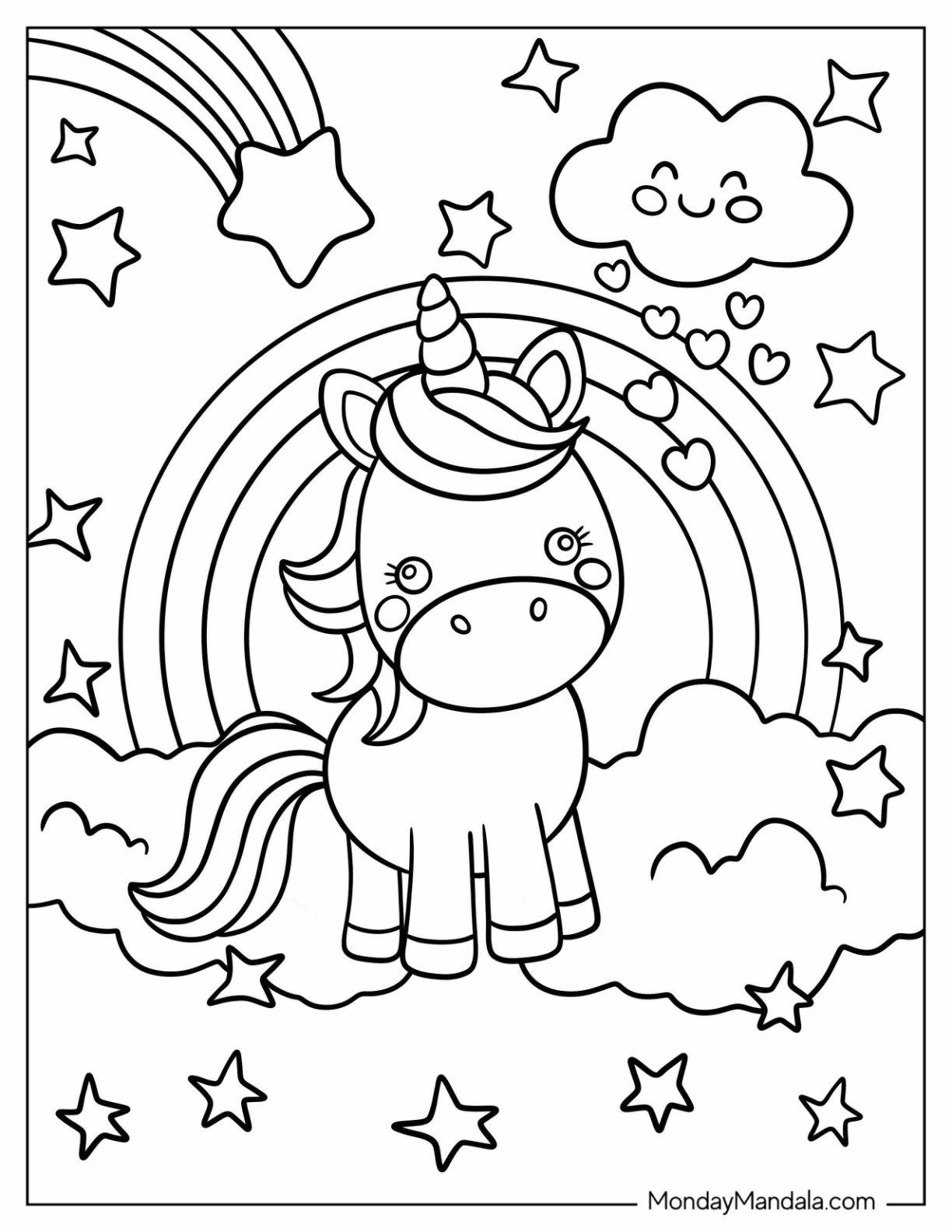 Kawaii Chibi Unicorn Coloring Page In A Starry Sky With A Rainbow