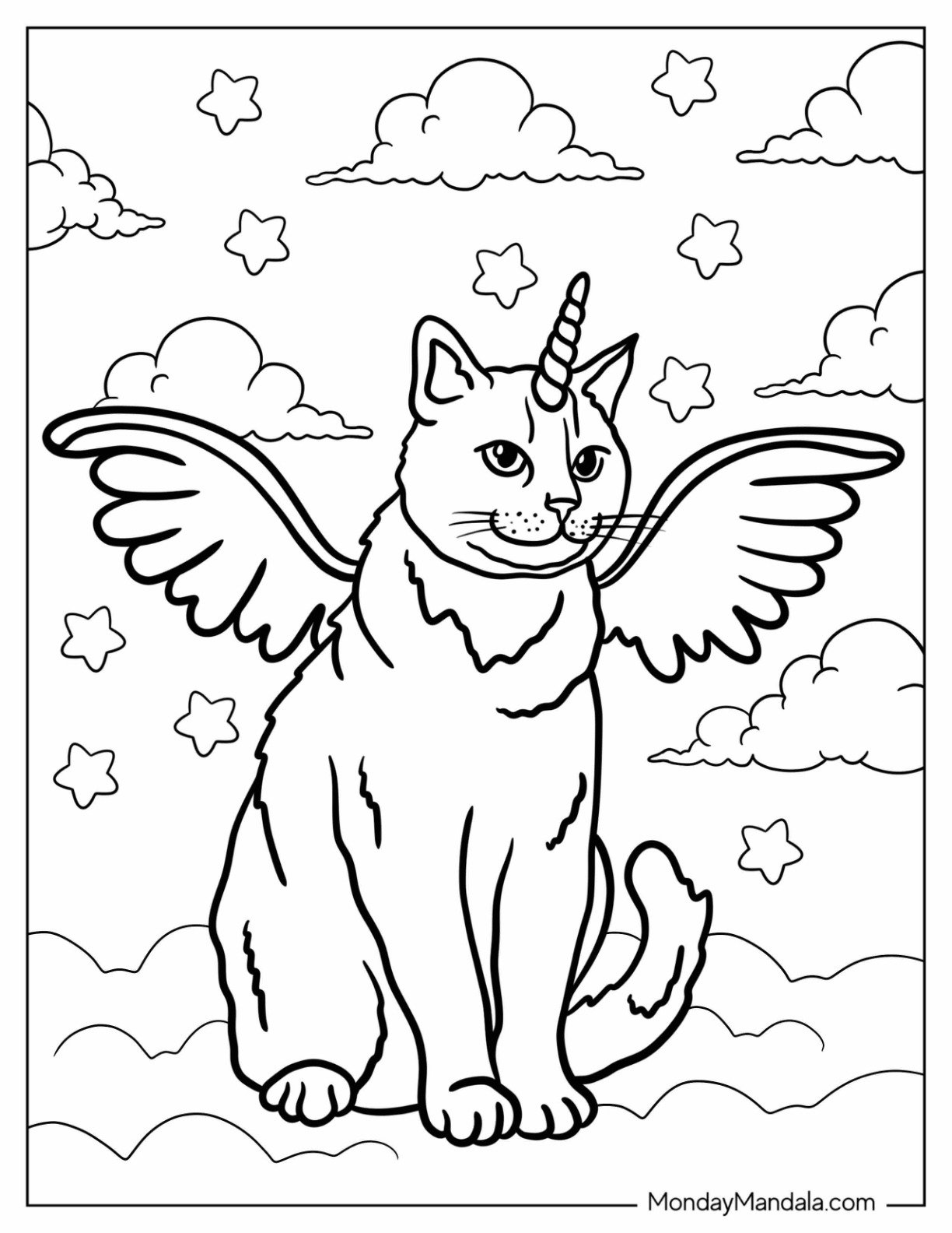 Large Realistic Unicorn Coloring Page Cat In The Clouds