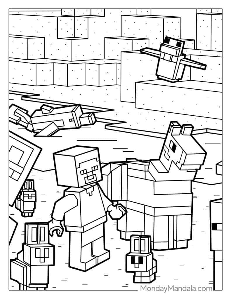 Lego Minecraft With Llama And Rabbits Coloring Page