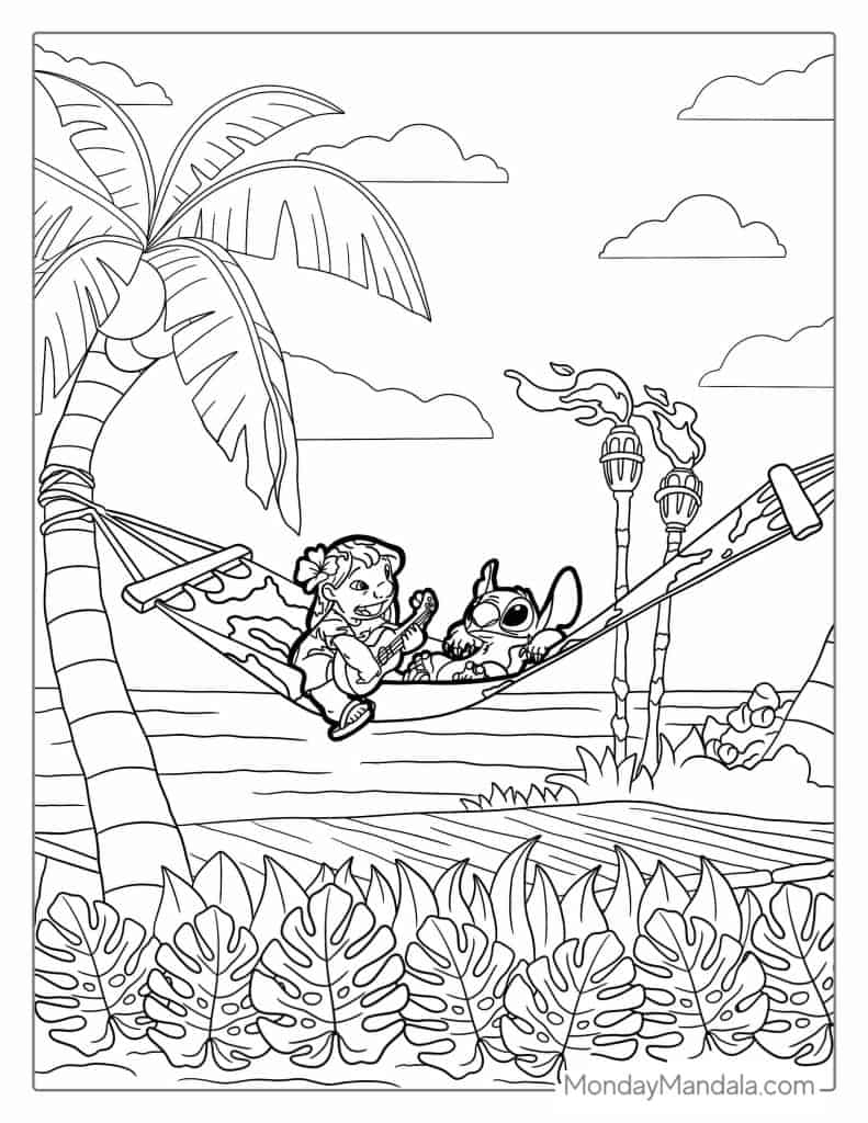 Lilo And Stitch Playing Guitar On a Hammock Coloring Page