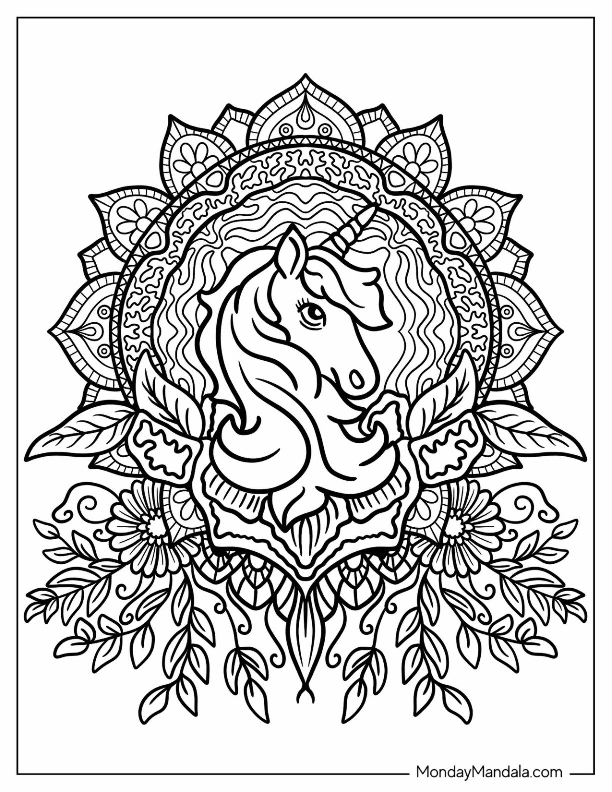 Majestic Unicorn Coloring Page Mandala With Hanging Leaves And Flowers