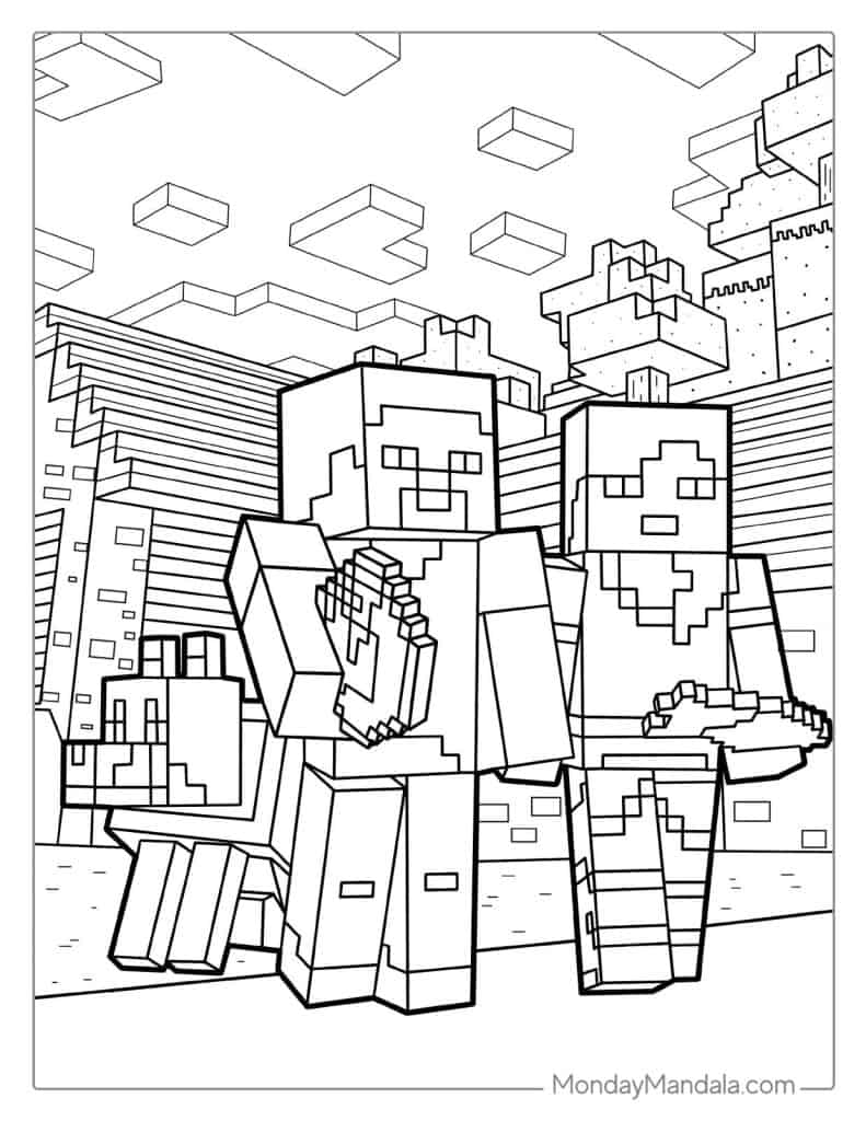 Minecraft Steve, Alex, And Wolf Coloring Page