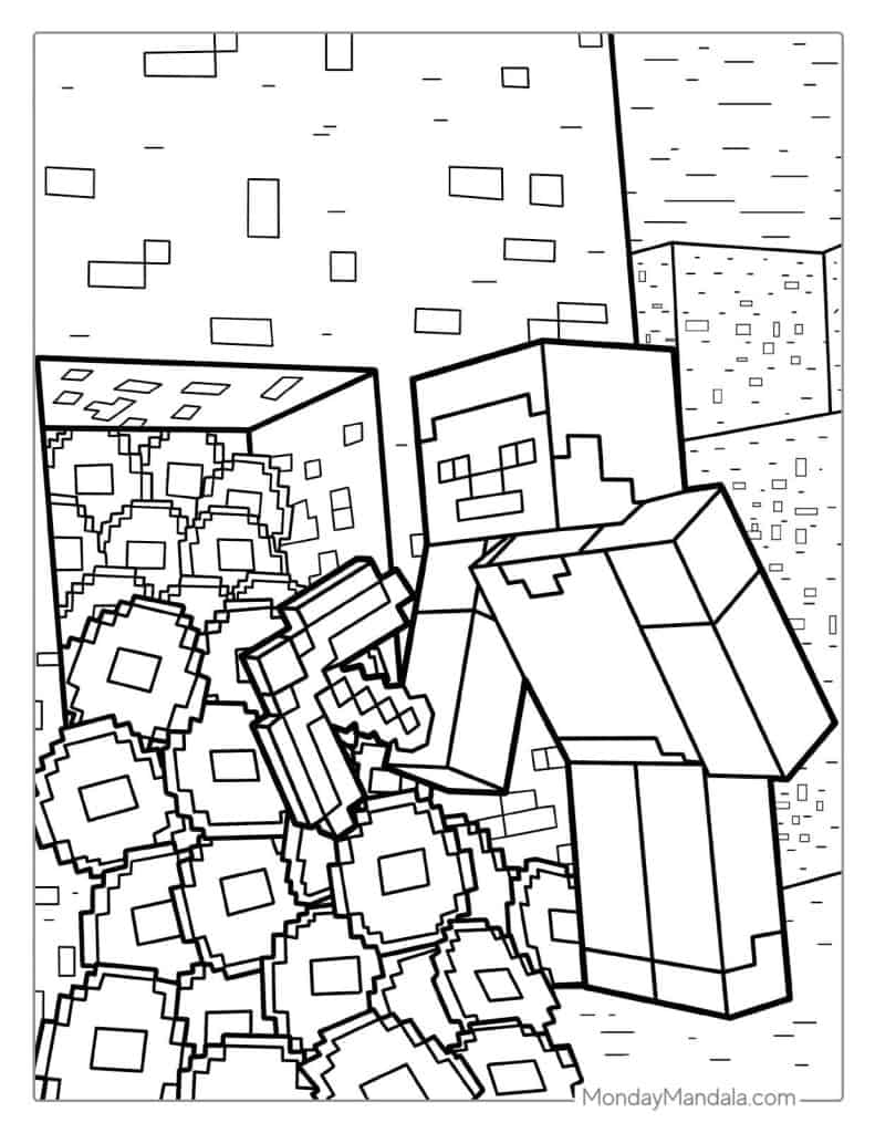 Minecraft Steve Prospecting For Diamonds Coloring Page