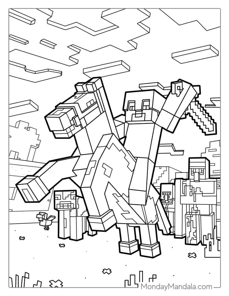 Minecraft Steve Riding Horse With Sword Coloring Page