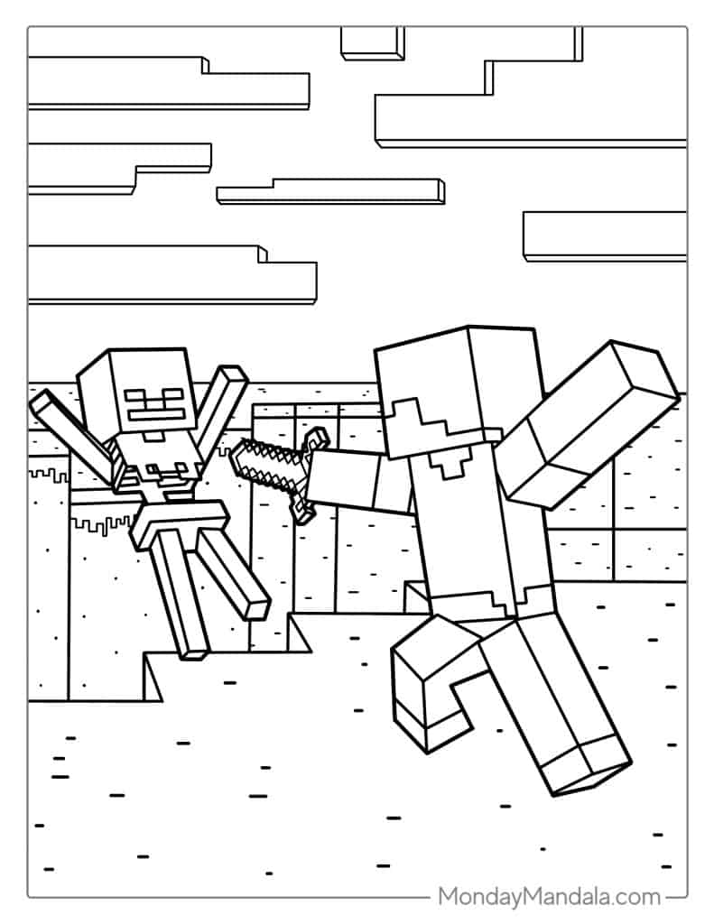 Minecraft Steve Vs Skeleton Coloring Page