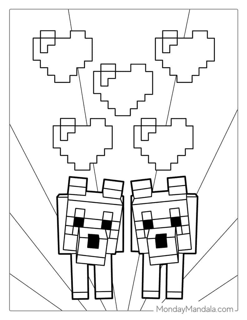Minecraft Wolves With Love Hearts Coloring Page
