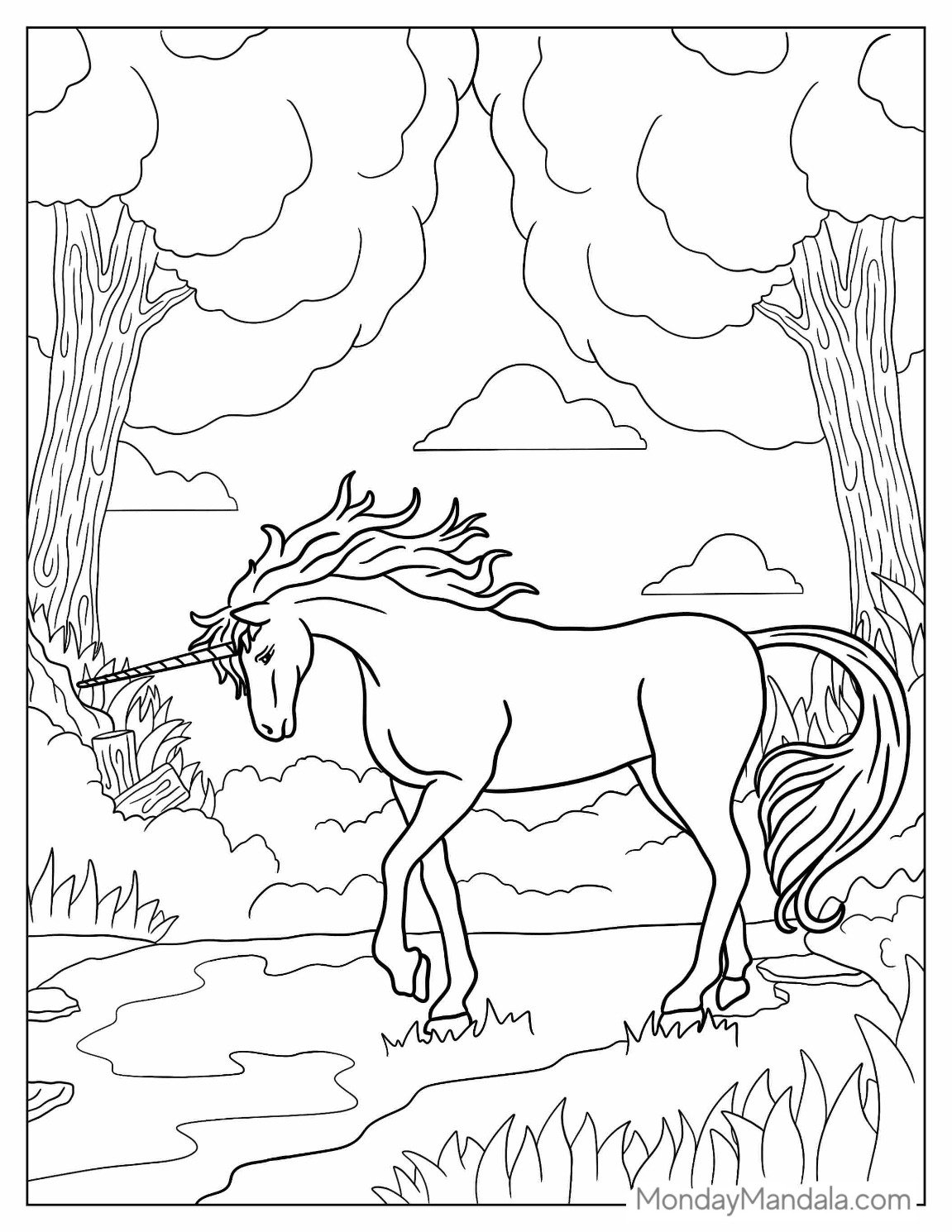 Mythical Unicorn Coloring Page In Forest