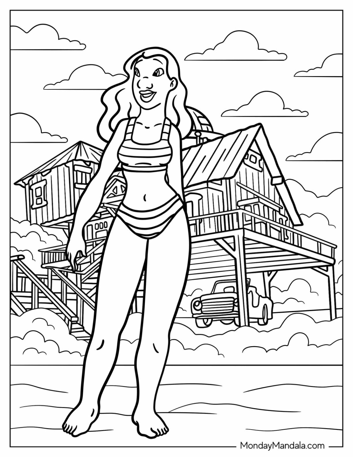 Lilo & Stitch Coloring Page Of Nani Pelekai In A Bikini Outside Of Her House