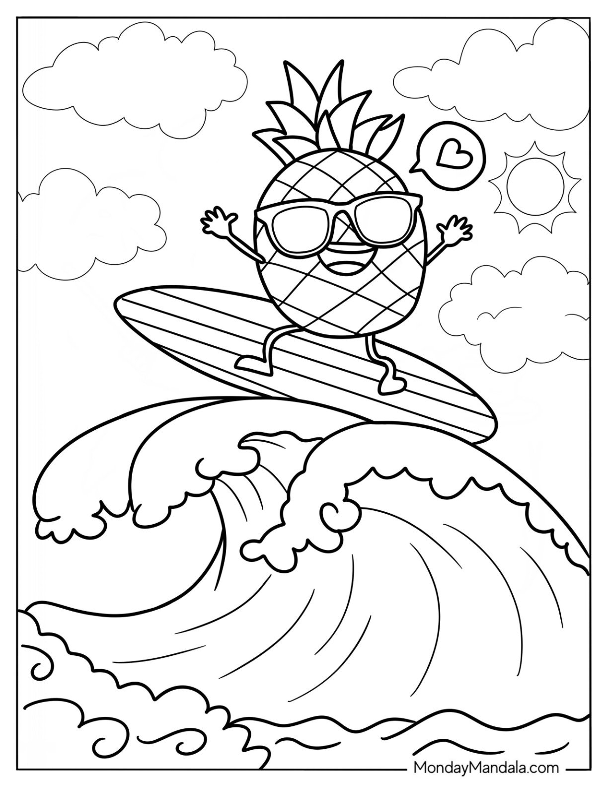 Pineapple Surfing In Summer Coloring Page For Kids