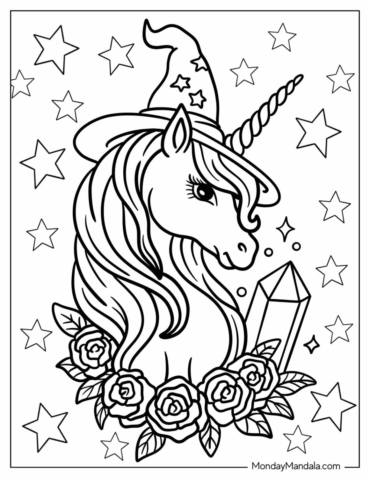 Pretty Unicorn Coloring Page Portrait With Roses, Crystals, And Stars