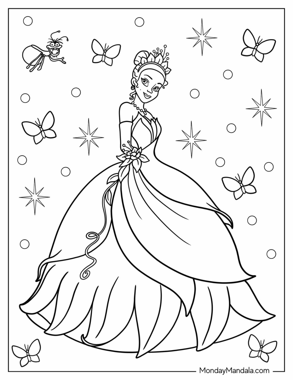 Disney Princess Coloring Page Of Tiana Surrounded By Insects