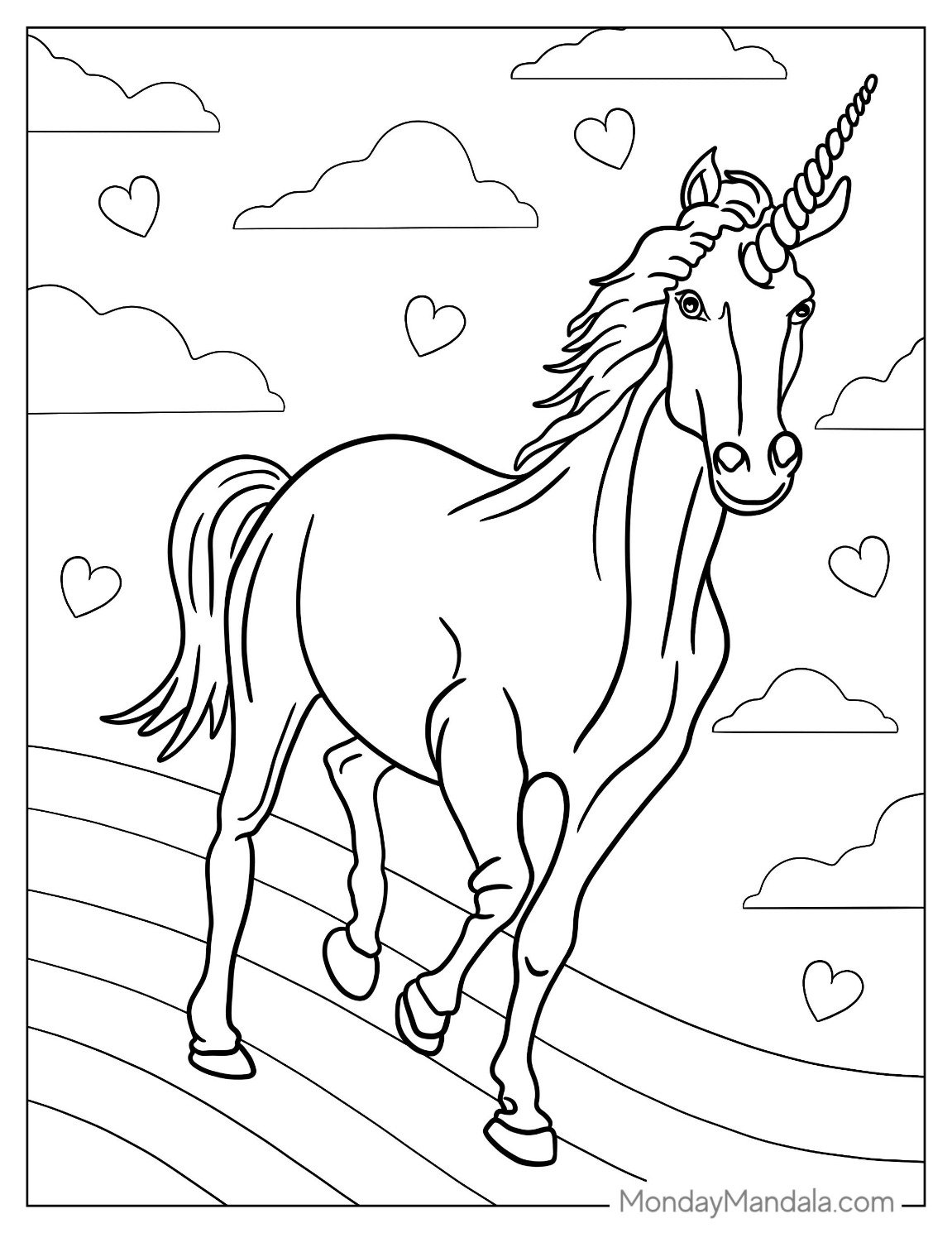 Realistic Looking Unicorn Coloring Page Galloping On a Rainbow