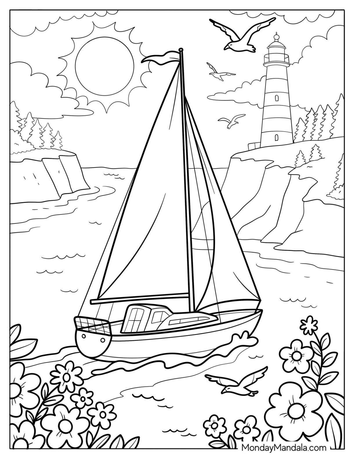 Sailboat on a Summer Coloring Page Sea with Rocky Cliffs and Lighthouse in the Distance